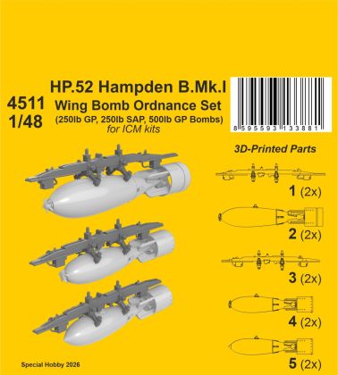 HP.52 Hampden B.Mk.I - Wing Bomb Ordnance Set 1/48 / for ICM kits