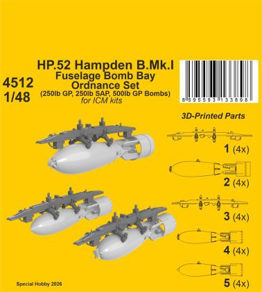 HP.52 Hampden B.Mk.I - Fuselage Bomb Bay Ordnance Set 1/48 / for ICM kits