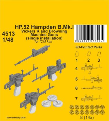 HP.52 Hampden B.Mk.I - Vickers K and Browning Machine Guns (single installation) 1/48 / for ICM kits