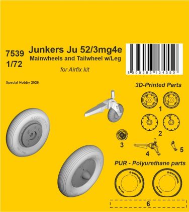 Junkers Ju 52/3mg4e Mainwheels and Tailwheel w/Leg 1/72 / for Airfix kit