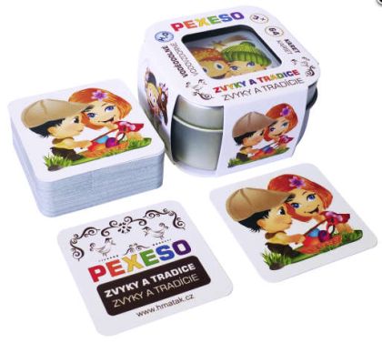 Pexeso Zvyky a tradice voděodolné 64 karet v plechové krabičce 6x6x4cm Hmaťák