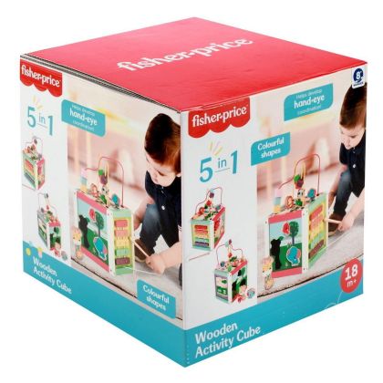 FisherPrice, Edukační kostka 5v1 dřevo labyrint v krabici 21x21x21cm 18m+