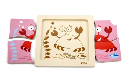 VIGA, Dřevěné puzzle 4 dílky - krab