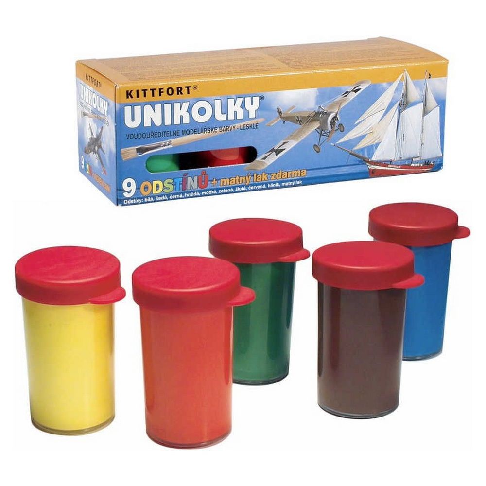 Unikolky modelářské barvy sada 9 barev + matný lak zdarma v krabičce