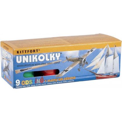 Unikolky modelářské barvy sada 9 barev + matný lak zdarma v krabičce