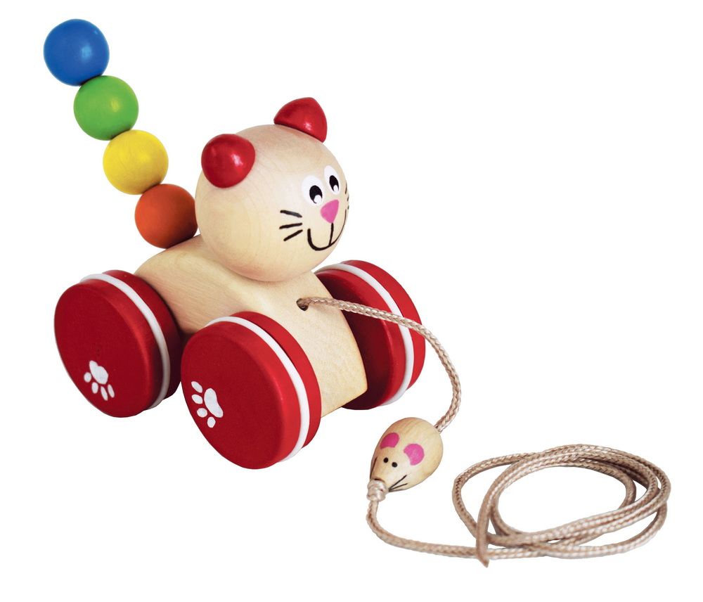 Kočička tahací s myškou dřevo v krabičce 13x11x8cm 12m+