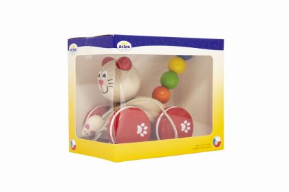 Kočička tahací s myškou dřevo v krabičce 13x11x8cm 12m+