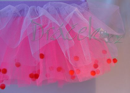 Tylová baletní sukně fialovo-růžová s bambulkami vel. M (6-10 let)