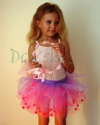 Tylová baletní sukně fialovo-růžová s bambulkami vel. M (6-10 let)