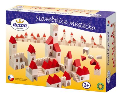 Detoa, stavebnice kostky 2,5cm dřevo městečko 100 dílků v krabici 29x19x6cm