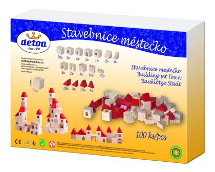Detoa, stavebnice kostky 2,5cm dřevo městečko 100 dílků v krabici 29x19x6cm