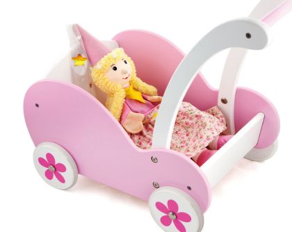 VIGA, Dřevěný kočárek pro panenky růžový