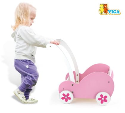 VIGA, Dřevěný kočárek pro panenky růžový