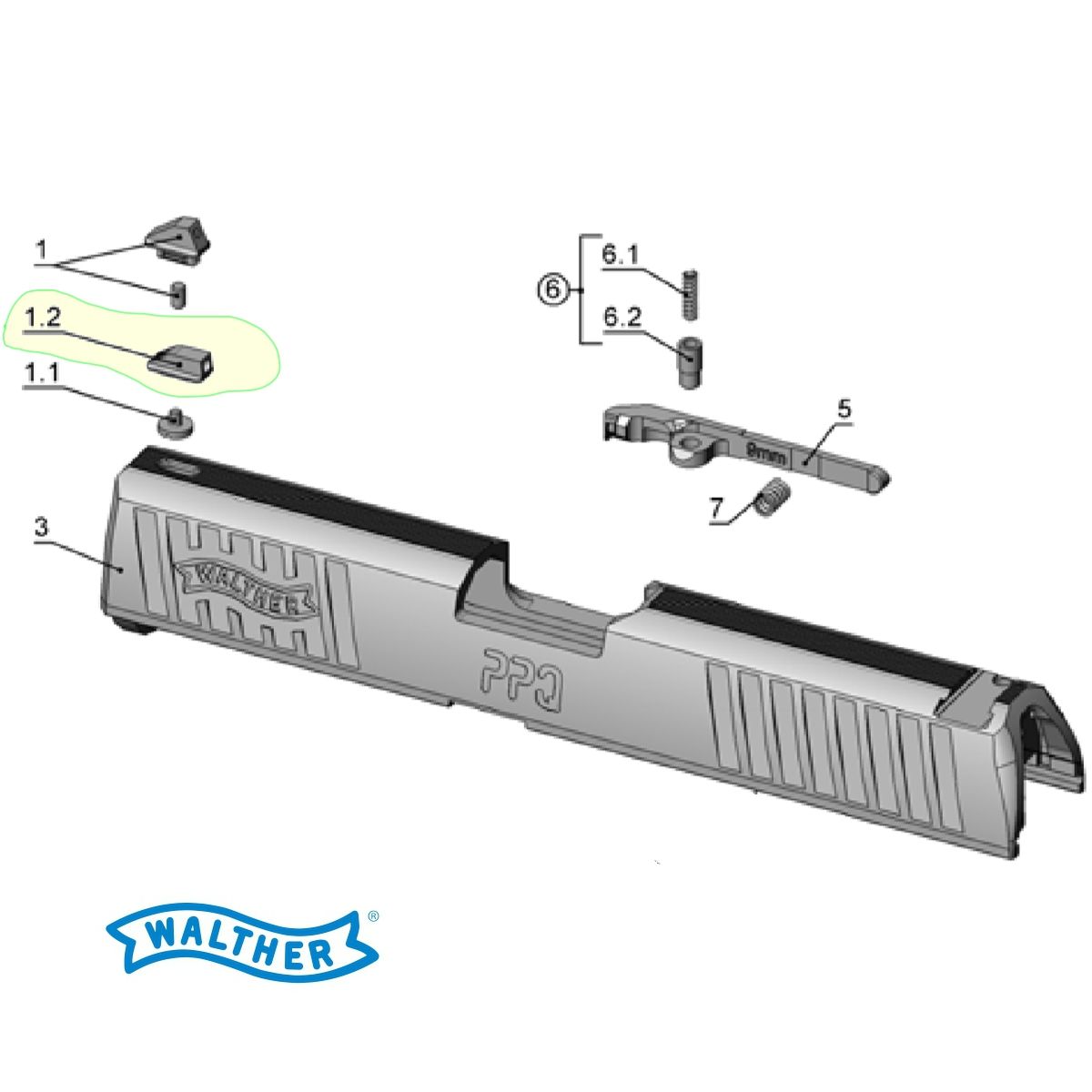 Walther P99AS/P99QA/PPQ, Ocelová muška c. 4, výška 3.8 mm, fosforová tecka