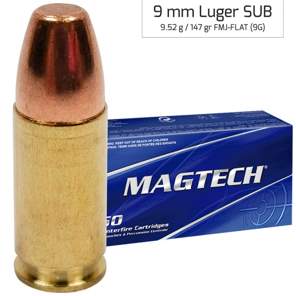 Náboje Magtech 9 mm Luger FMJ FLAT Subsonic 9,52 g, 147 gr (9G)