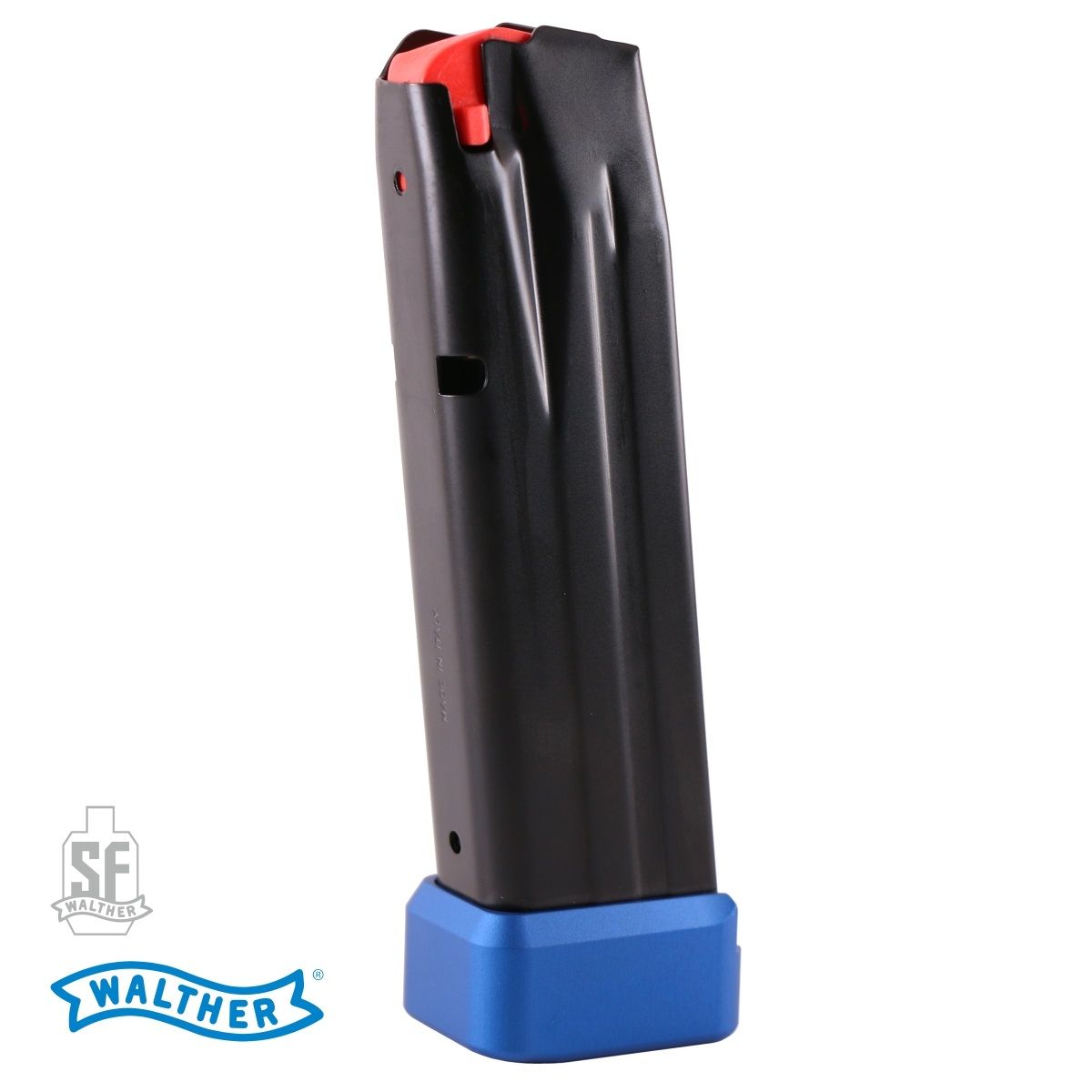 Zásobník Walther Q5 Match, 9 mm Luger, 15+2 náboju, ocelové telo, ALU prodl. patka, blue