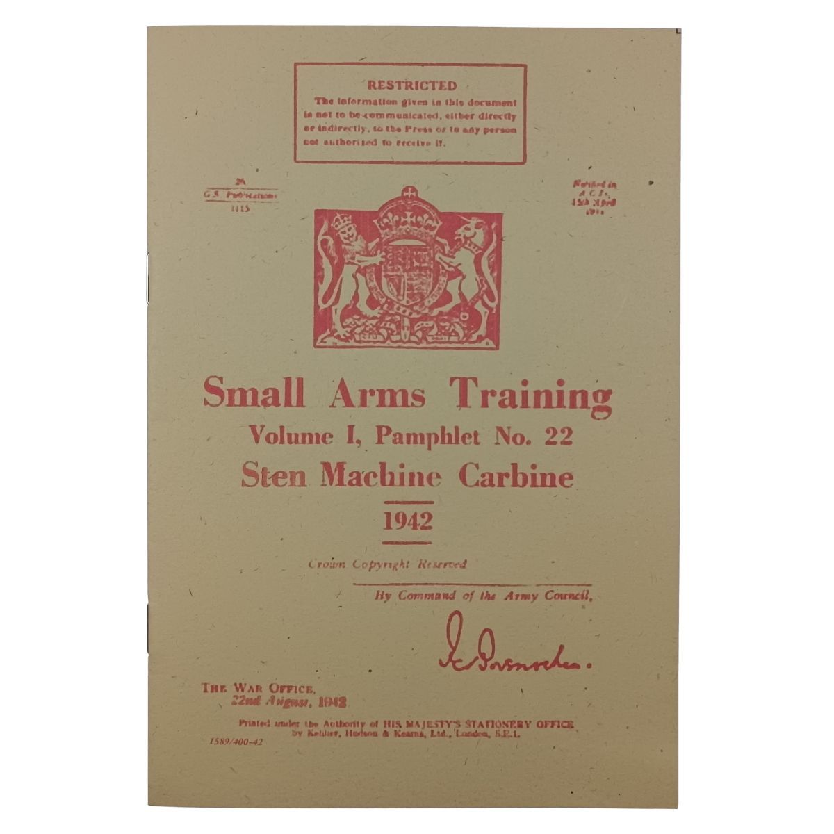 Sten Machine Carbine - pretisk brit. voj. manuálu k samopalu STEN z roku 1942