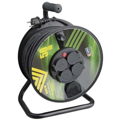 Venkovní prodlužovací kabel na bubnu 25 m / 4 zásuvky / černý / guma / 230 V / 1,5 mm2