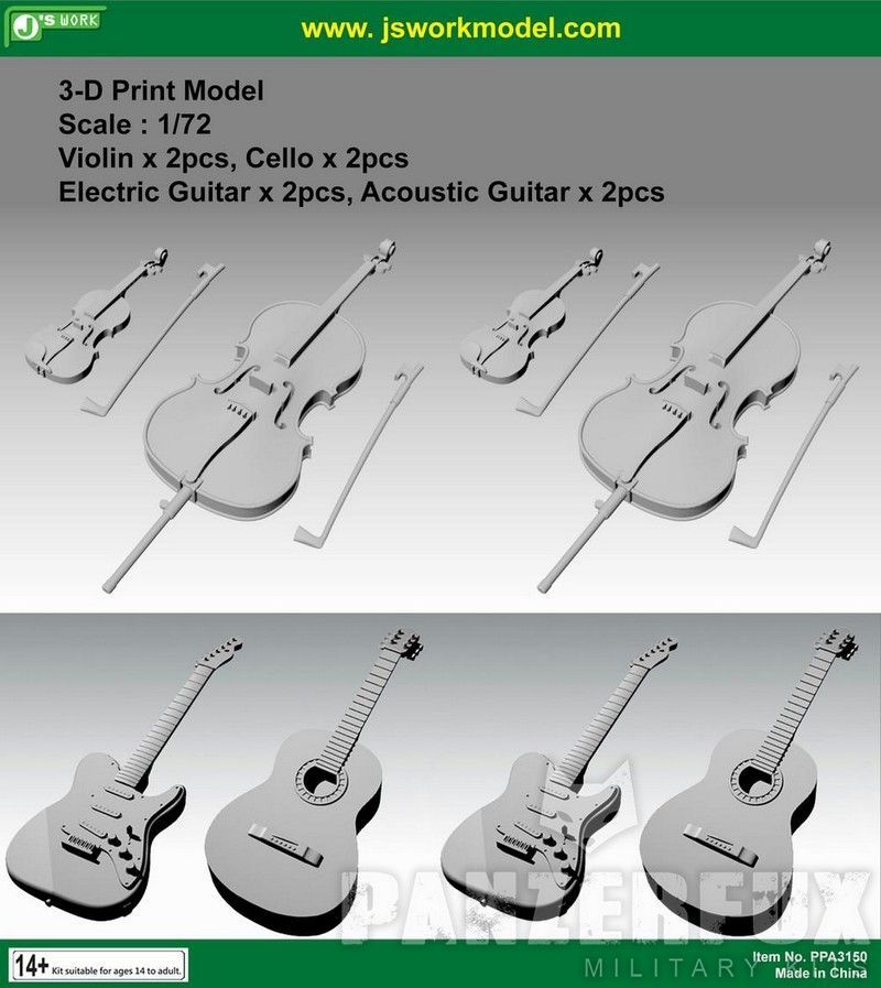 1:72 Violin, Cello, Electric Guitar, Acoustic Guitar - 2pcs each