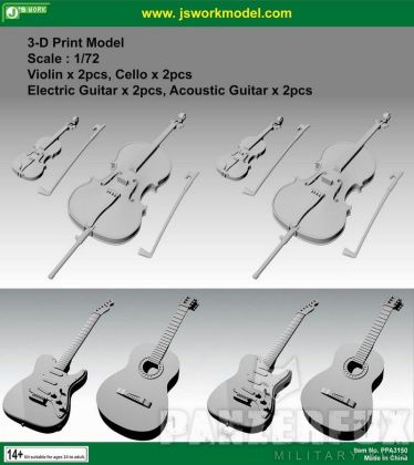 1:72 Violin, Cello, Electric Guitar, Acoustic Guitar - 2pcs each