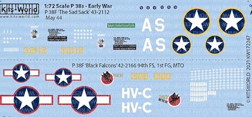 1:72 Scale Lockheed P-38F Lightning Decal Sheet