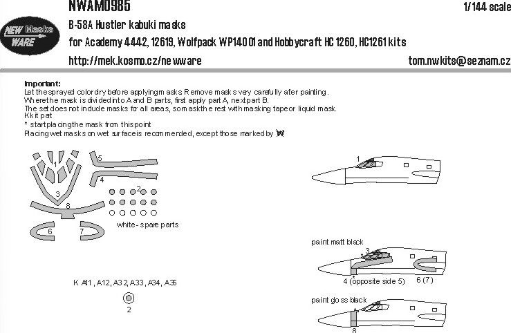 1:144 B-58A Hustler Kabuki Masks For Academy 4442, 12619, Wolfpack WP14001 And Hobbycraft HC1260, HC1261
