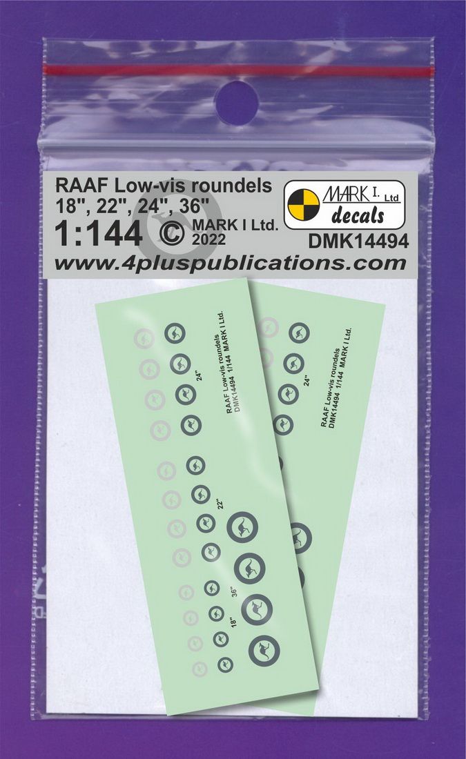 1:144 RAAF Low-vis roundels, 2 sets insignia diameters: 18,22,24,36