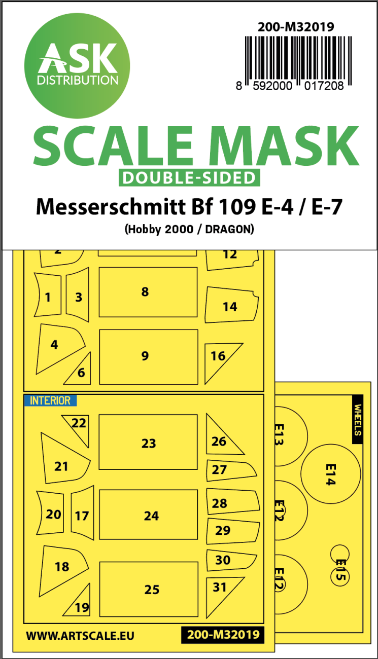 1:32 Messerschmitt Bf 109E-4 & E-7 double-sided express masks for Hobby2000, Dragon, HGW kit