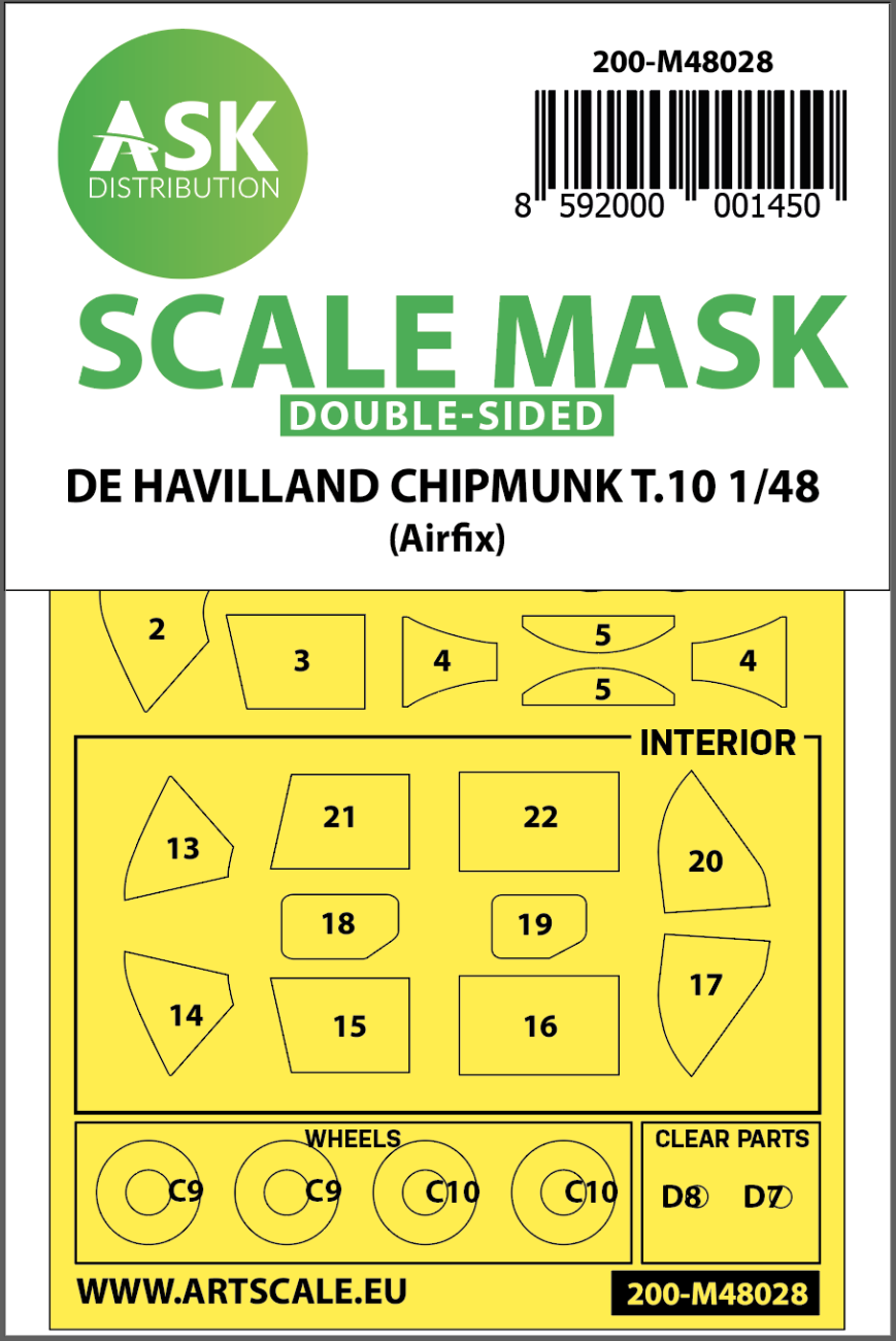 1:48 De Havilland Chipmunk T.10 double-sided painting mask for Airfix