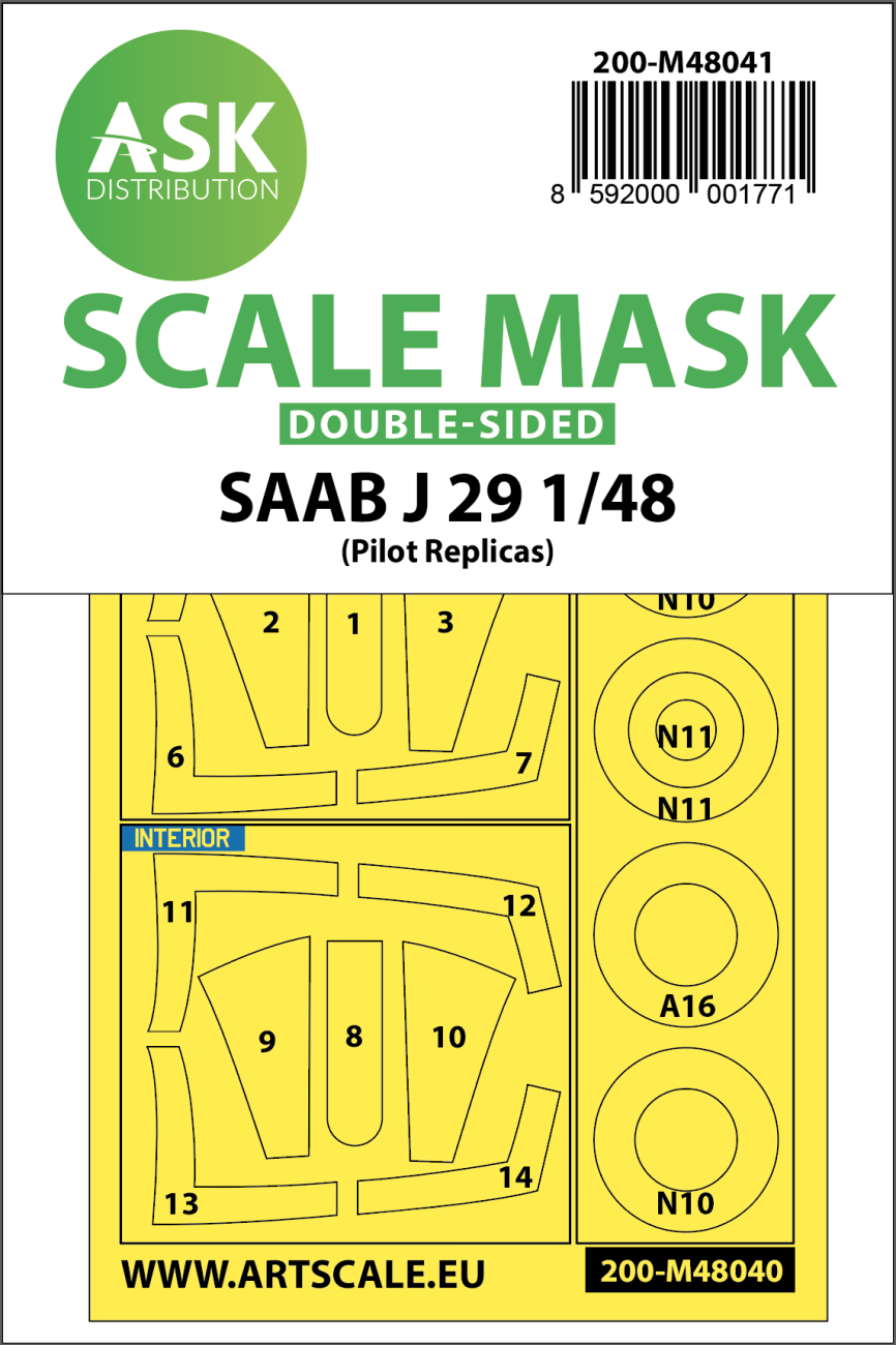 1:48 SAAB J29 B double-sided painting mask for Pilot Replicas