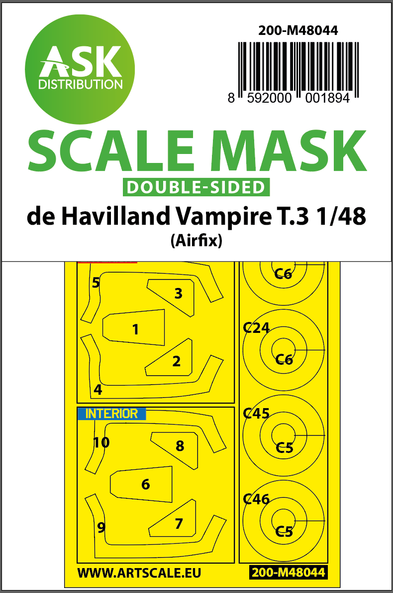 1:48 De Havilland Vampire T.3 double-sided painting mask for Airfix