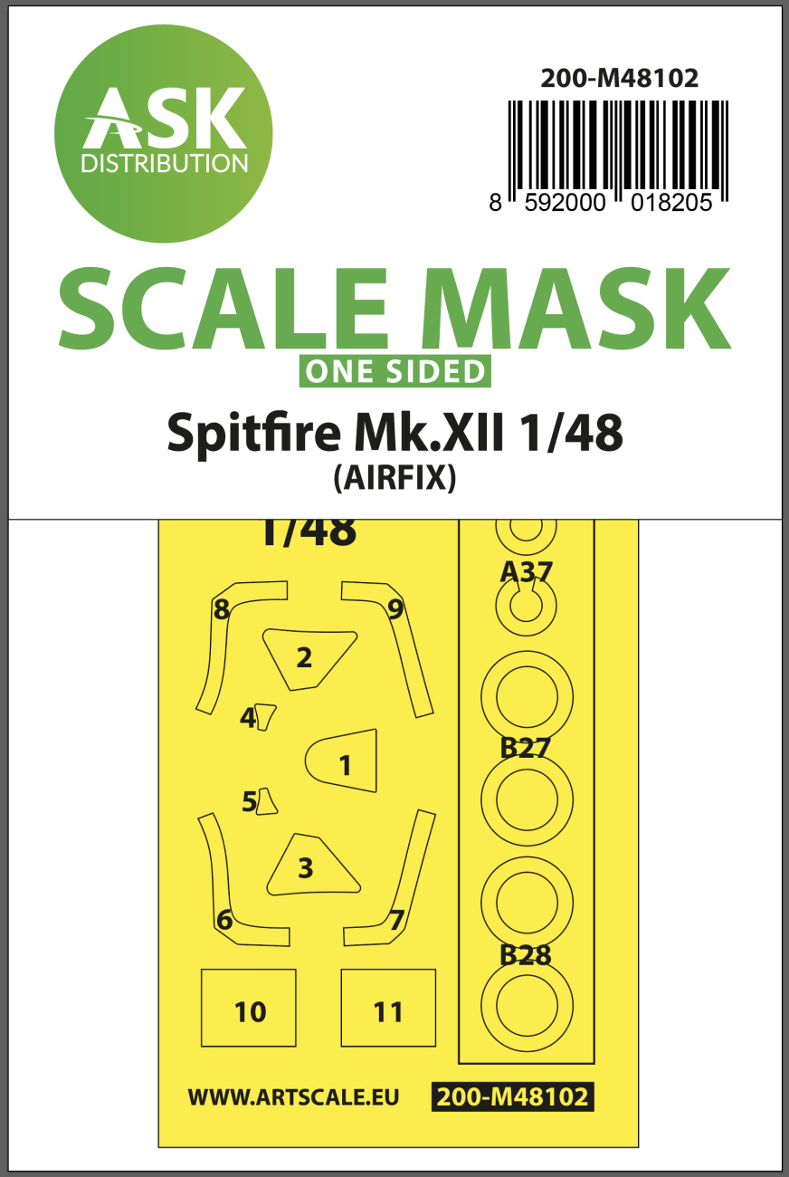 1:48 Spitfire Mk.XII one-sided mask self-adhesive, pre-cutted for Airfix