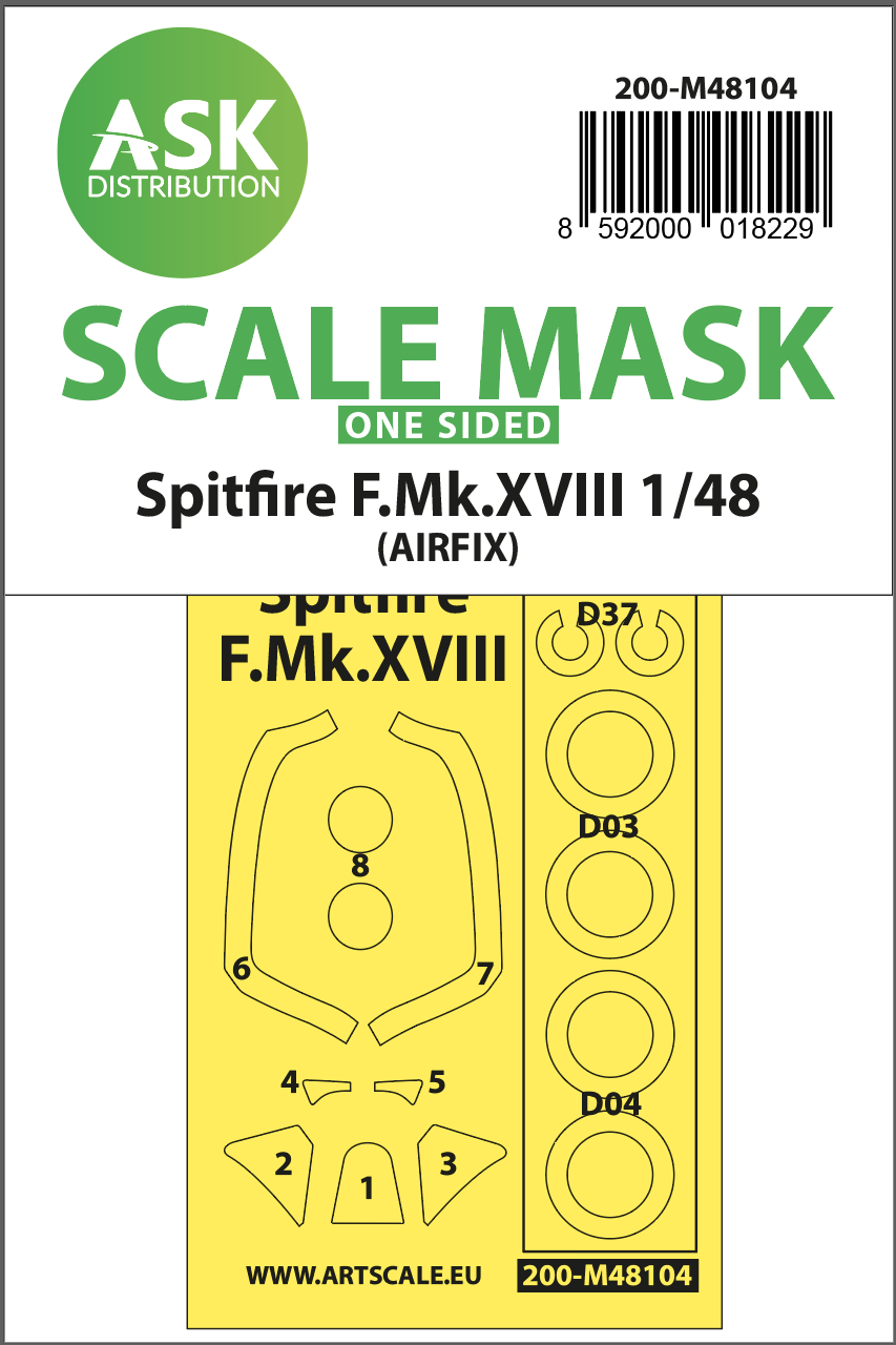1:48 Spitfire F.Mk.XVIII one-sided mask self-adhesive, pre-cutted for Airfix