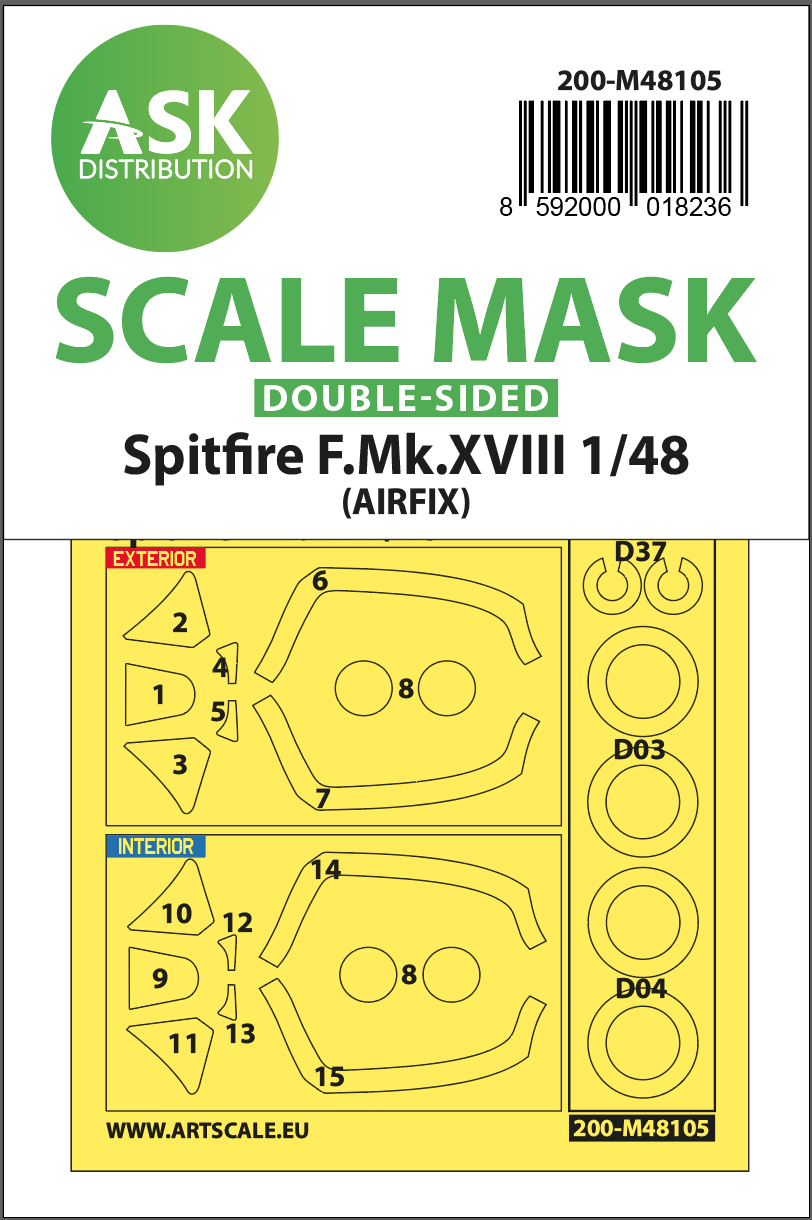 1:48 Spitfire F.Mk.XVIII double-sided mask self-adhesive, pre-cutted for Airfix