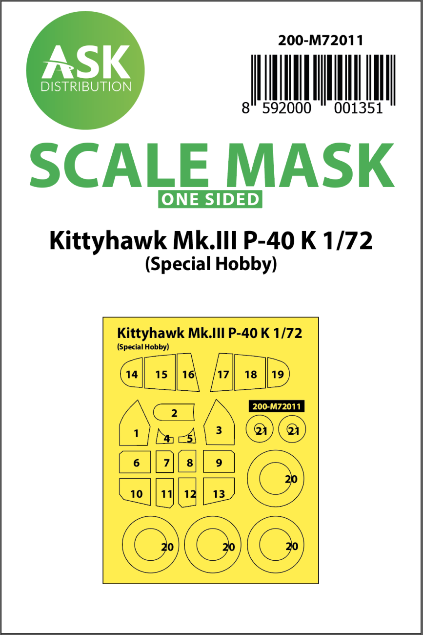 1:72 Kittyhawk Mk.III P-40 K one-sided painting mask for Special Hobby