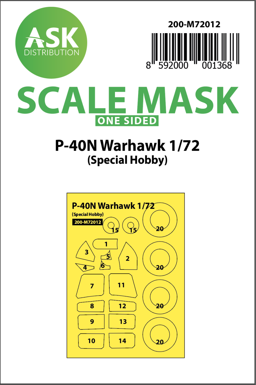 1:72 P-40 N Warhawk one-sided painting mask for Special Hobby