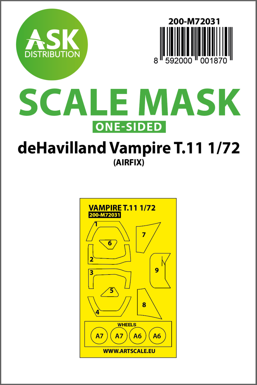 1:72 deHavilland Vampire T.11 one-sided painting mask for Airfix