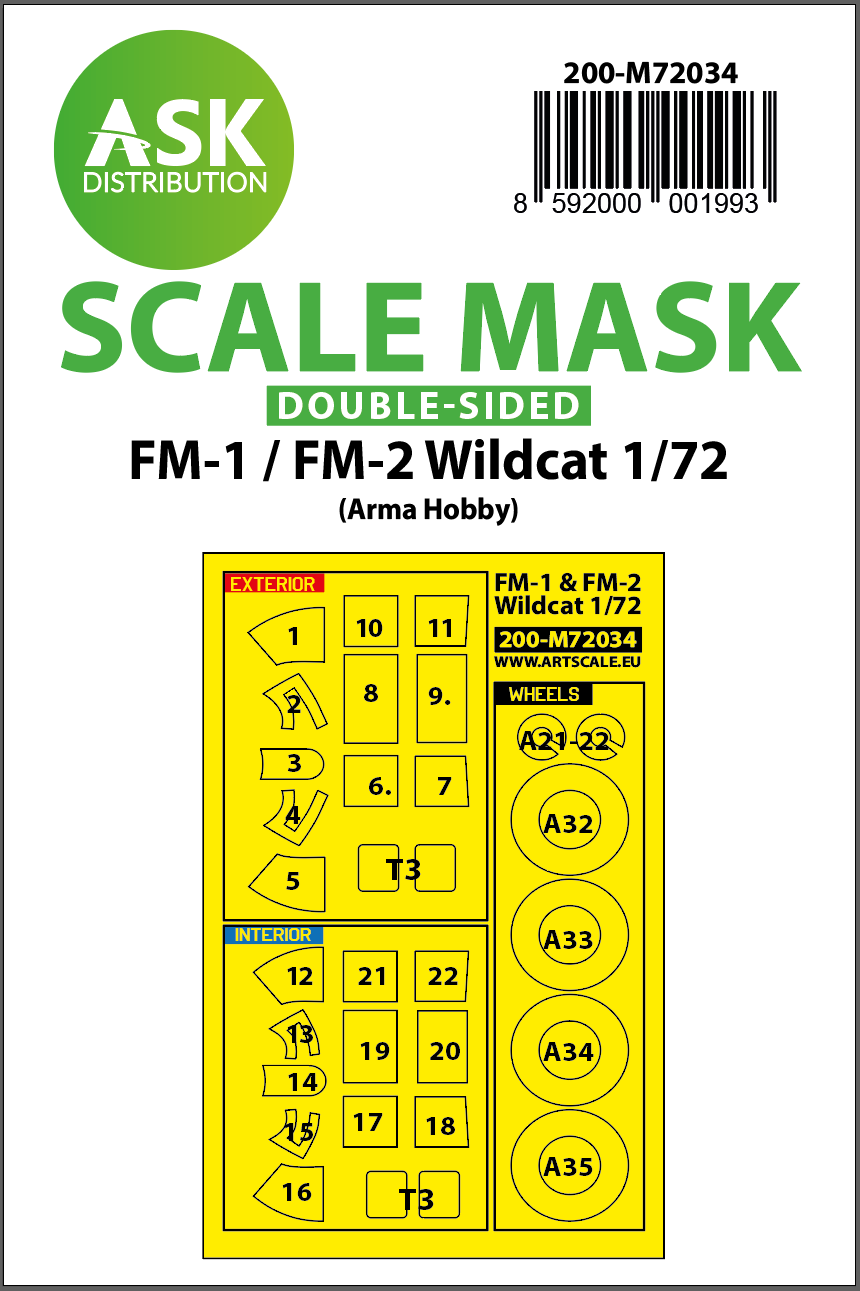 1:72 FM-1 / FM-2 Wildcat double-sided painting mask for Arma Hobby