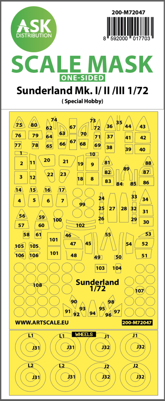1:72 Sunderland Mk.I, Mk.II, Mk.III one-sided painting mask for Special Hobby