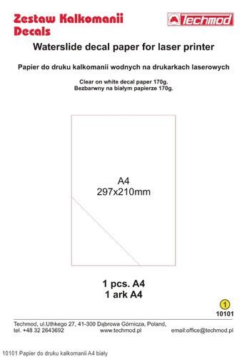 White waterslice decal paper for laser printer (1 pcs. A4)