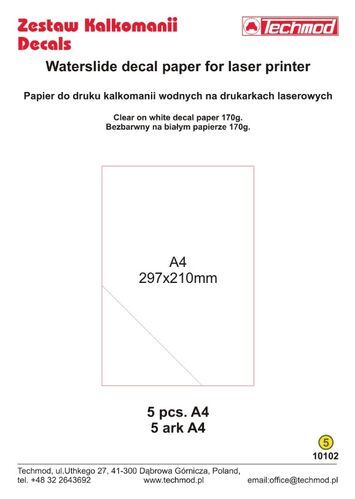 White waterslide decal paper for laser printer (5 pcs. A4)