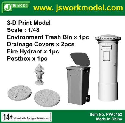 1:48 Environment Trash Bin x 1pc Drainage Covers x 2pcs Fire Hydrant x 1pc Postbox x 1pc