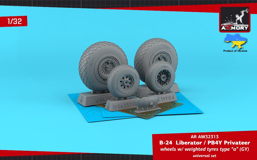 1:32 B-24 Liberator / PB4Y Privateer wheels w/ weighted tyres type “a” (GY), 2 types nose wheels, 3D-printed mudguard & PE hubcaps