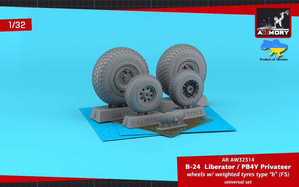 1:32 B-24 Liberator / PB4Y Privateer wheels w/ weighted tyres type “b” (FS), 2 types nose wheels, 3D-printed mudguard & PE hubcaps