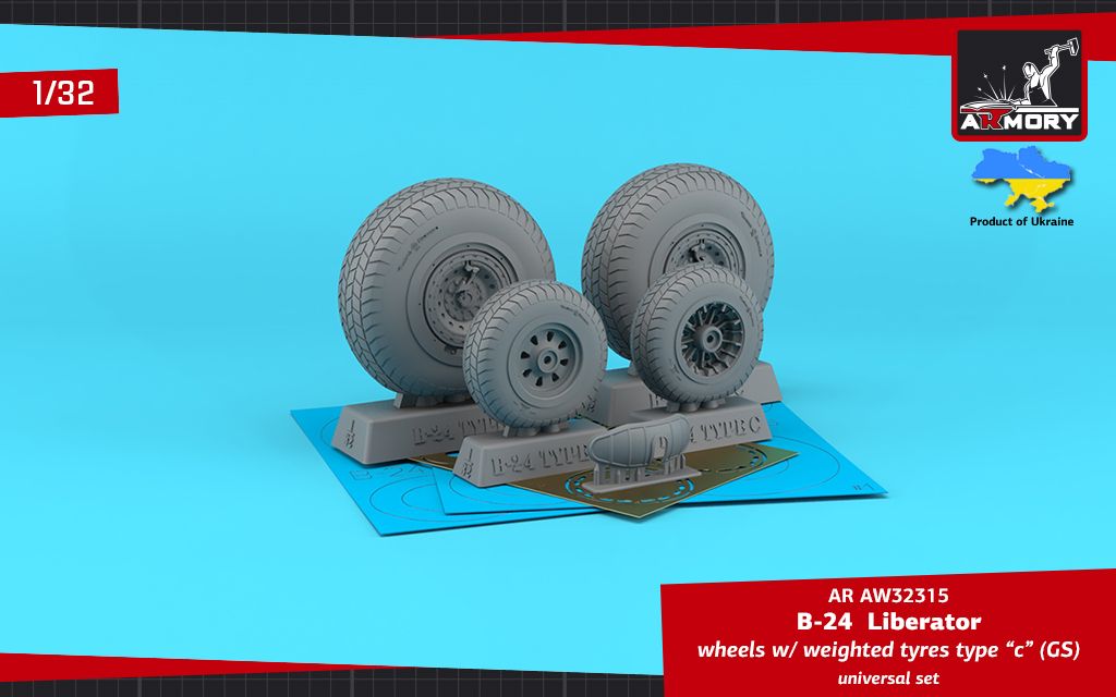 1:32 B-24 Liberator wheels w/ weighted tyres type “c” (GS), 2 types nose wheels, 3D-printed mudguard & PE hubcaps