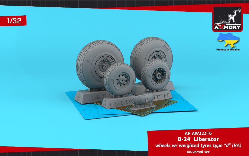 1:32 B-24 Liberator wheels w/ weighted tyres type “d” (RA), 2 types nose wheels, 3D-printed mudguard & PE hubcaps