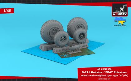 1:48 B-24 Liberator / PB4Y Privateer wheels w/ weighted tyres type “a” (GY), 2 types nose wheels, 3D-printed mudguard & PE hubcaps