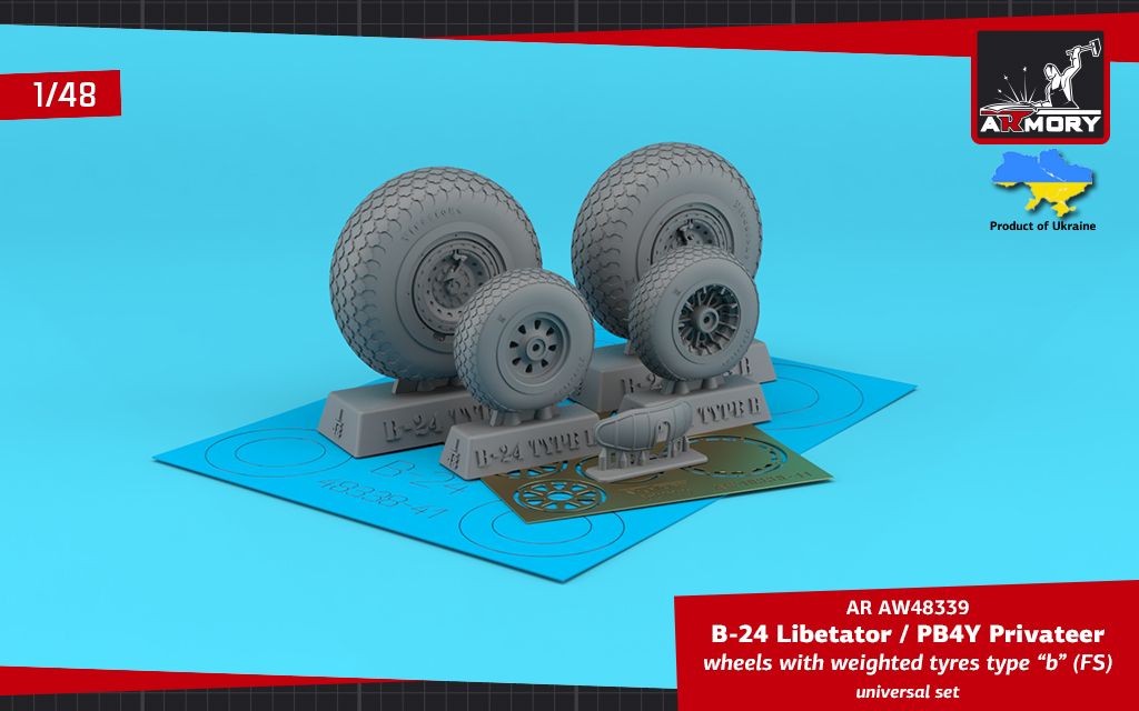 1:48 B-24 Liberator / PB4Y Privateer wheels w/ weighted tyres type “b” (FS), 2 types nose wheels, 3D-printed mudguard & PE hubcaps