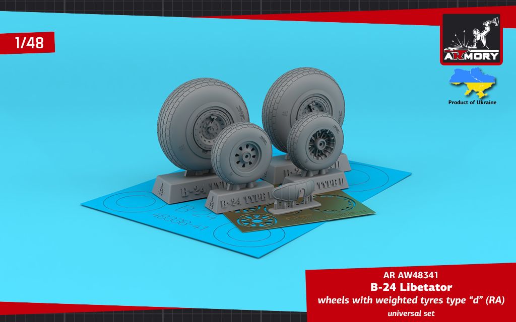 1:48 B-24 Liberator wheels w/ weighted tyres type “d” (RA), 2 types nose wheels, 3D-printed mudguard & PE hubcaps