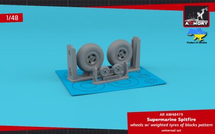 1:48 Supermarine Spitfire wheels w/ weighted tyres of block pattern & 4-spoke hubs